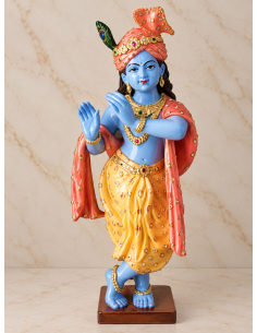 Hand-Painted Blue Marble Krishna Idol on Wooden Base, 18 Inches