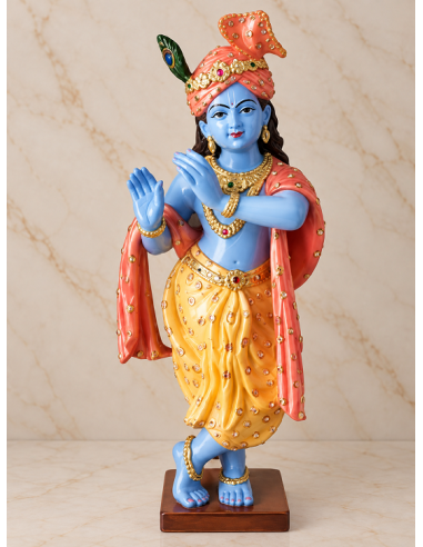 Hand-Painted Blue Marble Krishna Idol on Wooden Base, 18 Inches