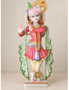 Hand-Painted Marble Krishna Idol with Pink Turban and Flowing Dupatta, 18 Inches