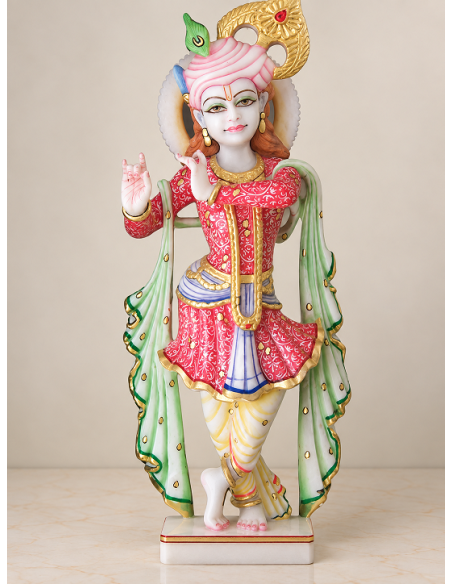 Hand-Painted Marble Krishna Idol with Pink Turban and Flowing Dupatta, 18 Inches
