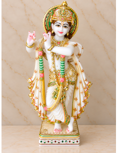 Hand-Painted Marble Krishna Idol with Gold Halo and Rose Accents, 18 Inches