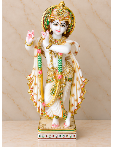 Hand-Painted Marble Krishna Idol with Gold Halo and Rose Accents, 18 Inches