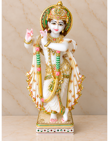 Hand-Painted Marble Krishna Idol with Gold Halo and Rose Accents, 18 Inches