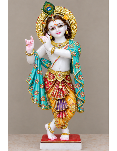 Plain White Marble Krishna Idol with Crystal Halo and Peacock, 24 Inches