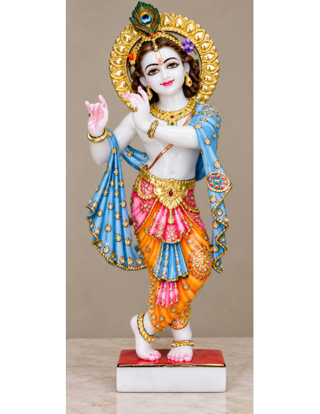 Hand-Painted Marble Krishna Idol with Blue Dupatta, 24 Inches