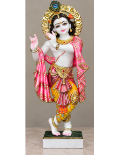 Hand-Painted Marble Krishna Idol with Pink Dupatta, 24 Inches