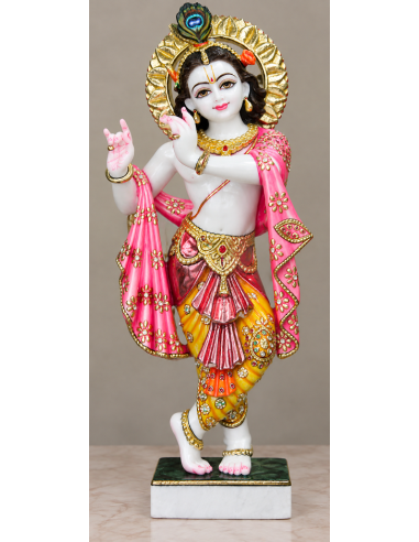 Hand-Painted Marble Krishna Idol with Pink Dupatta, 24 Inches