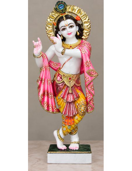 Hand-Painted Marble Krishna Idol with Pink Dupatta, 24 Inches