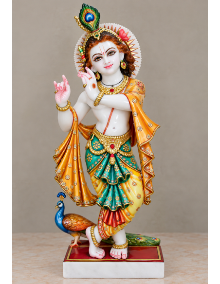 Hand-Painted Marble Krishna Idol with Orange-Gold Dupatta and Peacock, 24 Inches