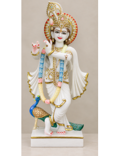 Marble Krishna Idol with Ornate Crown and Peacock, 24 Inches