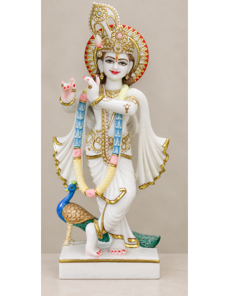Marble Krishna Idol with Ornate Crown and Peacock, 24 Inches