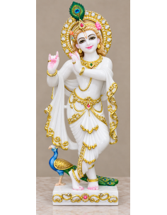 Plain White Marble Krishna Idol with Crystal Halo and Peacock, 24 Inches