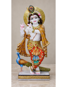 Hand-Painted Marble Krishna Idol with Peacock and Layered Dhoti, 24 Inches