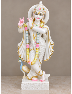 Marble Krishna Idol with Peacock and Rose Garland, 24 Inches