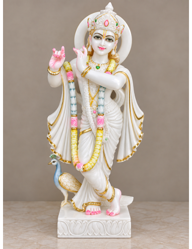 Marble Krishna Idol with Peacock and Rose Garland, 24 Inches
