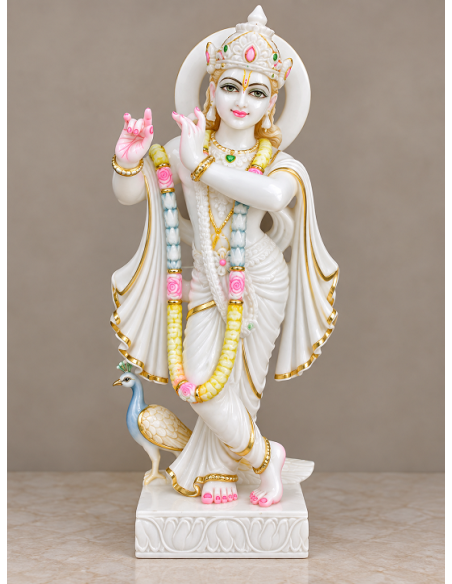 Marble Krishna Idol with Peacock and Rose Garland, 24 Inches