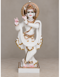 Plain White Marble Krishna Idol with Ornate Crown, 24 Inches