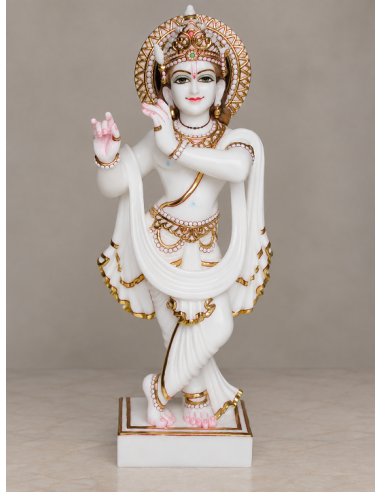 Plain White Marble Krishna Idol with Ornate Crown, 24 Inches