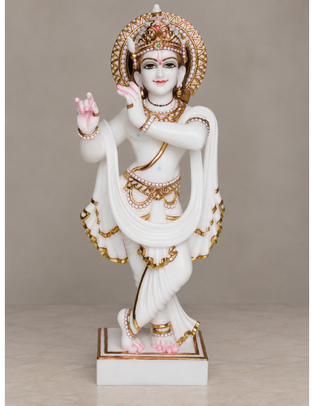 Plain White Marble Krishna Idol with Ornate Crown, 24 Inches