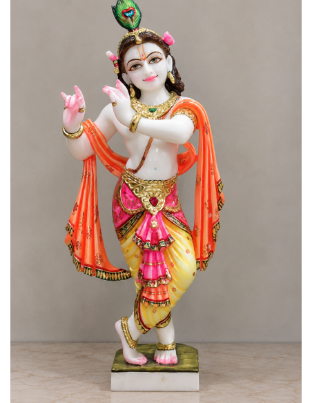 Hand-Painted Marble Krishna Idol with Orange Shawl and Layered Dhoti, 24 Inches