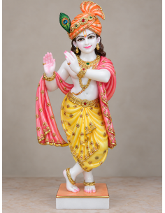 Hand-Painted Marble Krishna Idol with Orange Turban and Pink Shawl, 24 Inches