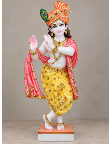Hand-Painted Marble Krishna Idol with Orange Turban and Pink Shawl, 24 Inches