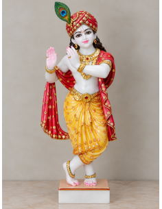 Hand-Painted Marble Krishna Idol with Red Turban, 24 Inches