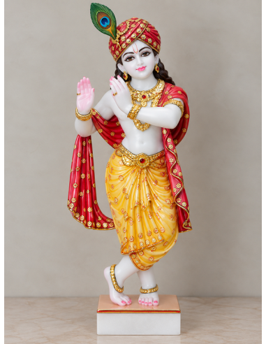 Hand-Painted Marble Krishna Idol with Red Turban, 24 Inches