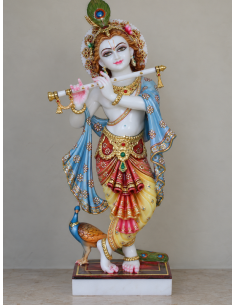 Hand-Painted Marble Flute Krishna Idol with Peacock, 24 Inches