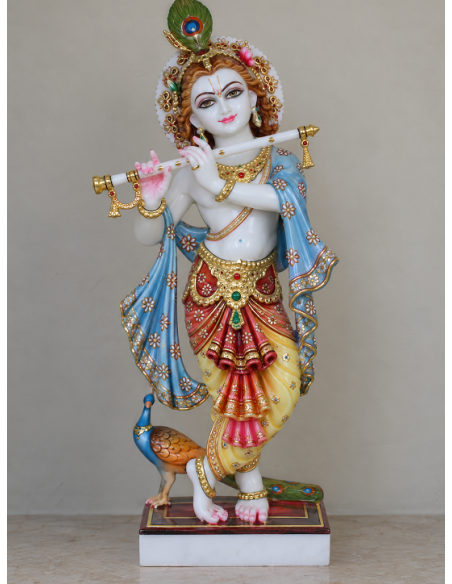 Hand-Painted Marble Flute Krishna Idol with Peacock, 24 Inches