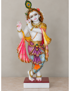 Hand-Painted Marble Krishna Idol with Purple-Blue Layered Dhoti, 24 Inches