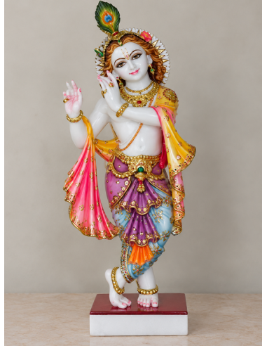 Hand-Painted Marble Krishna Idol with Purple-Blue Layered Dhoti, 24 Inches