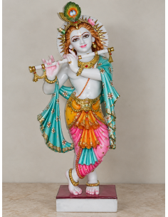 Hand-Painted Marble Flute Krishna Idol with Teal Dupatta, 24 Inches