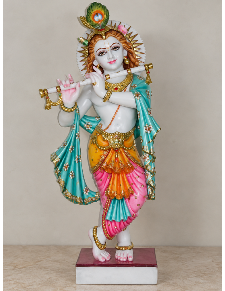 Hand-Painted Marble Flute Krishna Idol with Teal Dupatta, 24 Inches