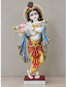 Hand-Painted Marble Flute Krishna Idol with Blue Floral Dupatta, 24 Inches