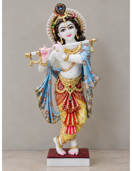 Hand-Painted Marble Flute Krishna Idol with Blue Floral Dupatta, 24 Inches