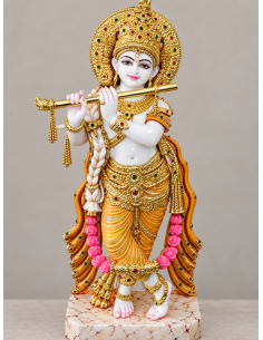 Hand-Painted Marble Flute Krishna Idol in Gold with Rose Garland, 24 Inches