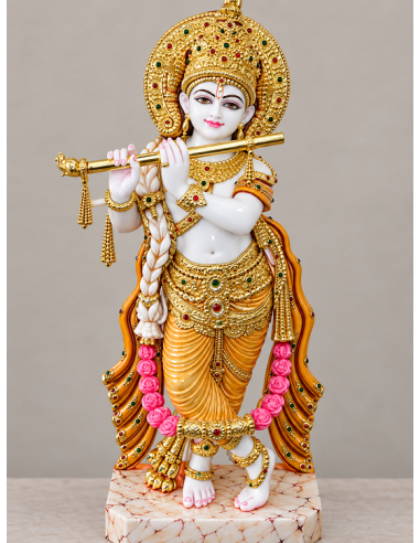 Hand-Painted Marble Flute Krishna Idol in Gold with Rose Garland, 24 Inches