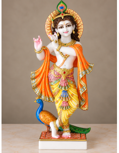 Hand-Painted Marble Krishna Idol with Peacock and Orange Dupatta, 24 Inches
