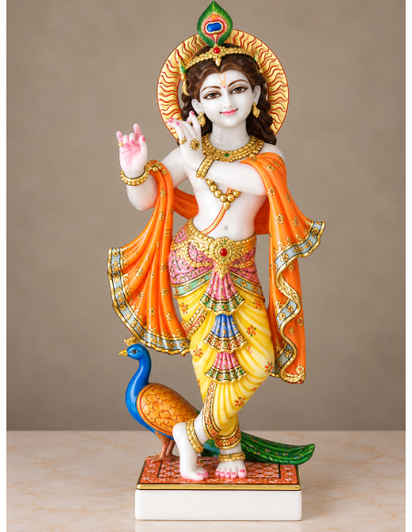 Hand-Painted Marble Krishna Idol with Peacock and Orange Dupatta, 24 Inches