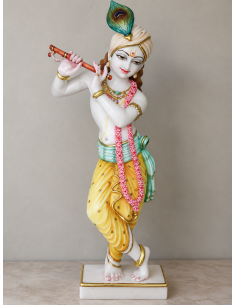 Hand-Painted Marble Flute Krishna Idol with Rose Garland, 24 Inches