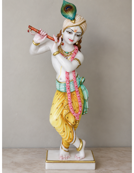 Hand-Painted Marble Flute Krishna Idol with Rose Garland, 24 Inches