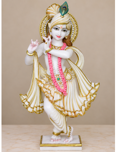 Hand-Painted Marble Krishna Idol with Rose Garland and Gold Halo, 24 Inches