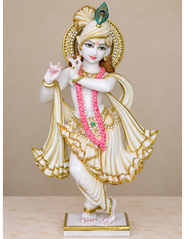 Hand-Painted Marble Krishna Idol with Rose Garland and Gold Halo, 24 Inches