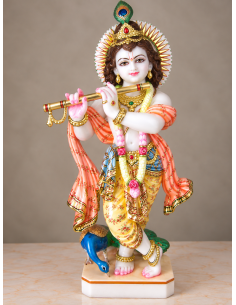 Hand-Painted Marble Flute Krishna Idol with Peacock and Floral Dhoti, 24 Inches