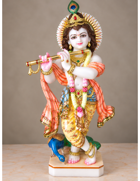 Hand-Painted Marble Flute Krishna Idol with Peacock and Floral Dhoti, 24 Inches