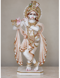 Hand-Painted Marble Flute Krishna Idol with Pearl Detailing, 24 Inches
