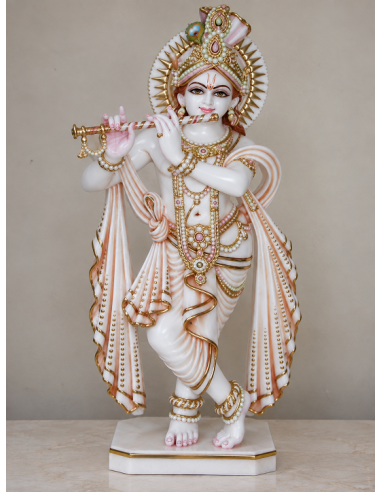 Hand-Painted Marble Flute Krishna Idol with Pearl Detailing, 24 Inches