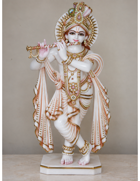 Hand-Painted Marble Flute Krishna Idol with Pearl Detailing, 24 Inches