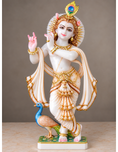 Hand-Painted Marble Krishna Idol with Peacock and Floral Base, 24 Inches